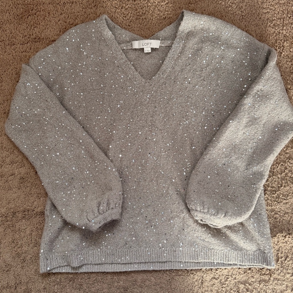 LOFT Sparkling  Grayish Beige V-Neck Sweater